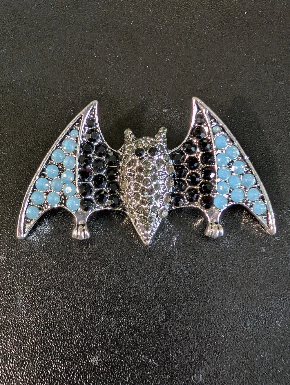 Crystal Bat Pin Brooch in Black and Light Blue